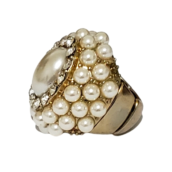 Fashion Jewelry Pearl Crystal Ring Elastic Band Size 7-8.5" Goldtone - Picture 3 of 5